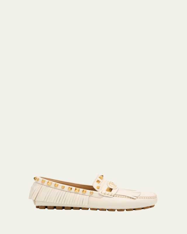 Rockstud Leather Fringe Driver Loafers